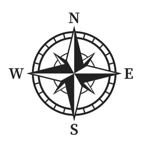 A compass marked with North, South, East, and West